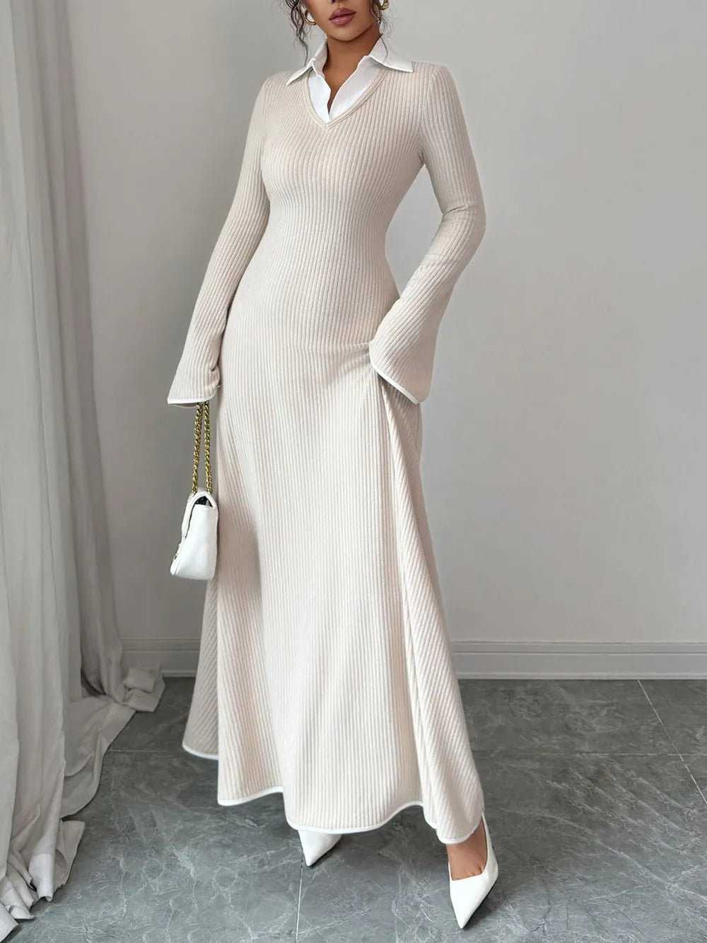 Lorenza™ Dzianinowa Sukienka Maxi z Kołnierzykiem – Ecru Elegancja