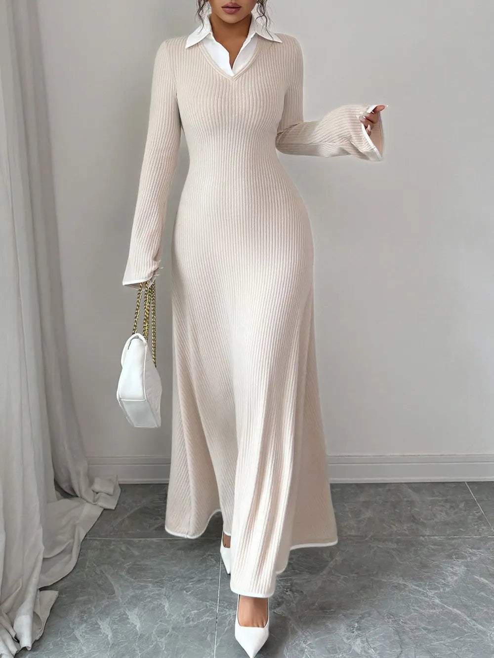 Lorenza™ Dzianinowa Sukienka Maxi z Kołnierzykiem – Ecru Elegancja