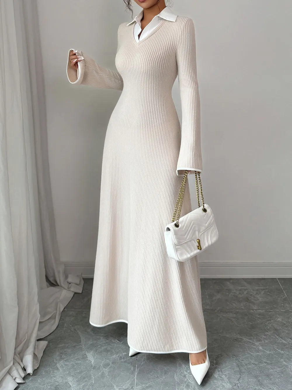Lorenza™ Dzianinowa Sukienka Maxi z Kołnierzykiem – Ecru Elegancja