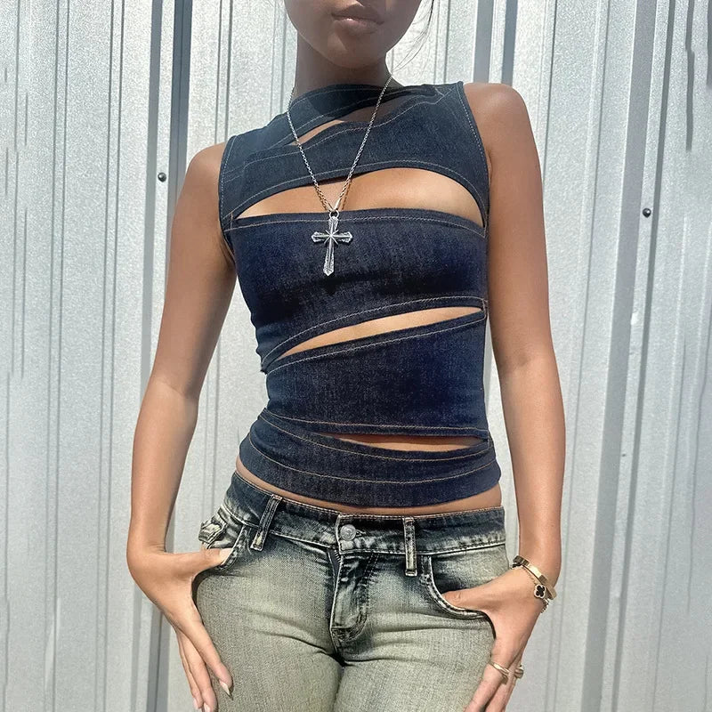 Raye - Bezowy top z denimu z wycięciami