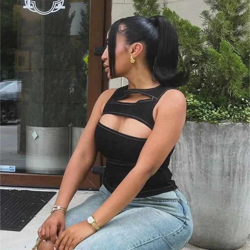 Raye - Bezowy top z denimu z wycięciami