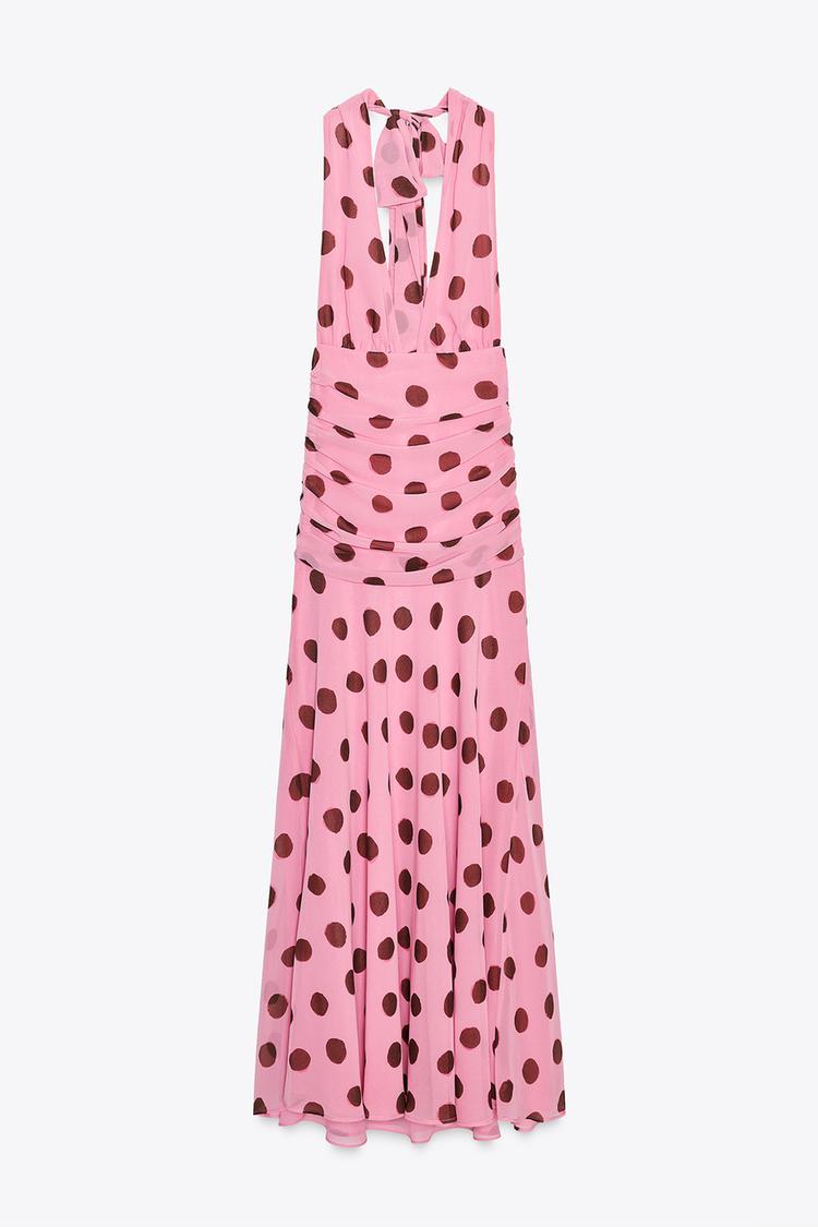 Dolcé Sorella™ – Różowa Suknia Maxi w Grochy z Głębokim Dekoltem