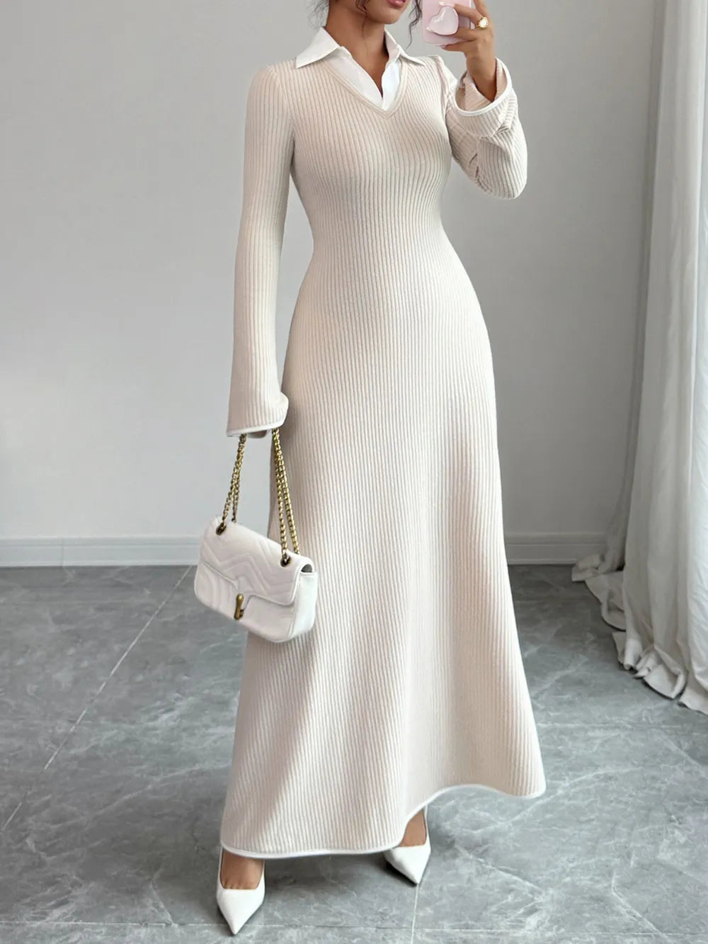 Lorenza™ Dzianinowa Sukienka Maxi z Kołnierzykiem – Ecru Elegancja