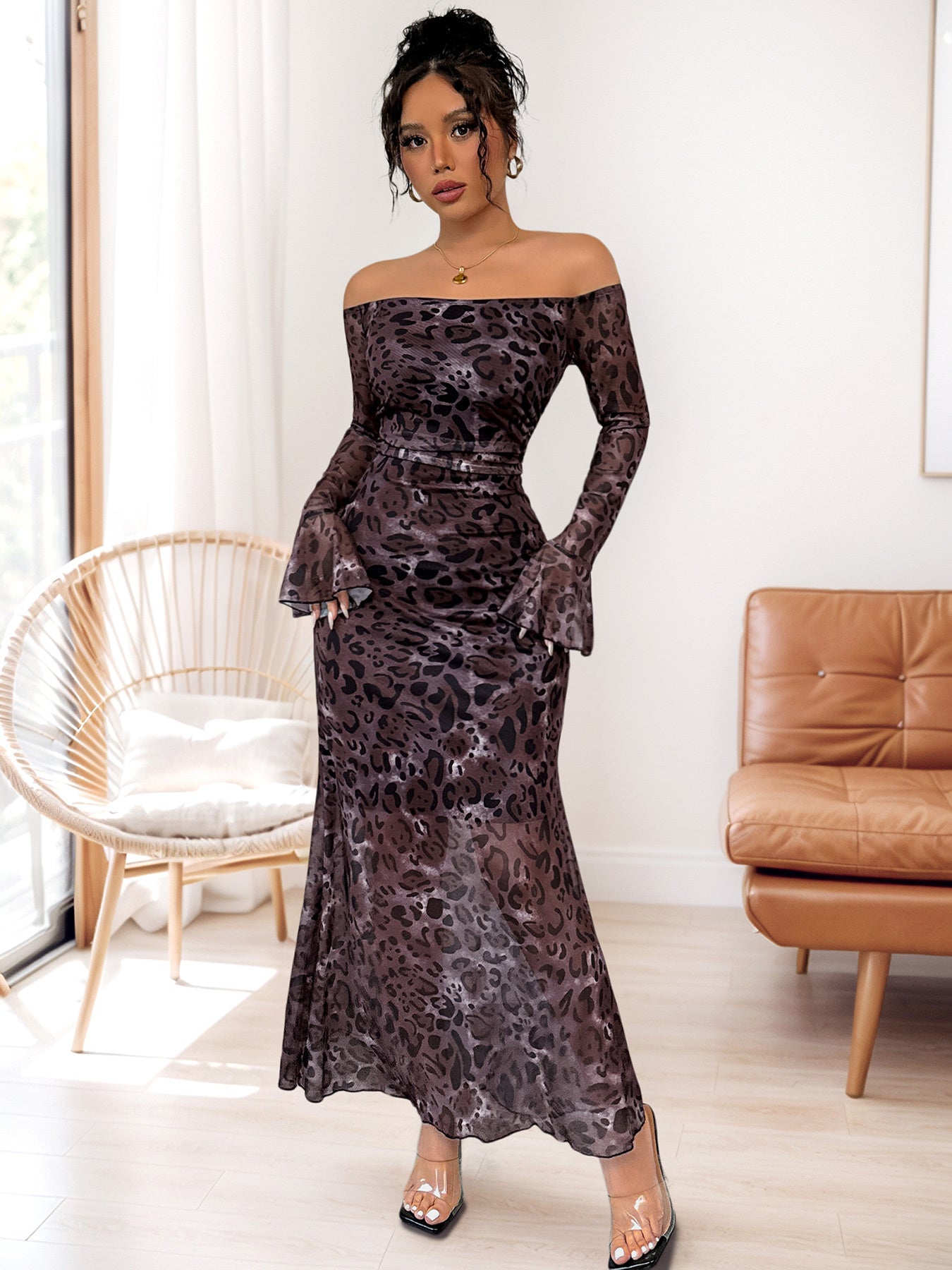 Olga™ Sukienka Maxi Off-Shoulder w Panterkę