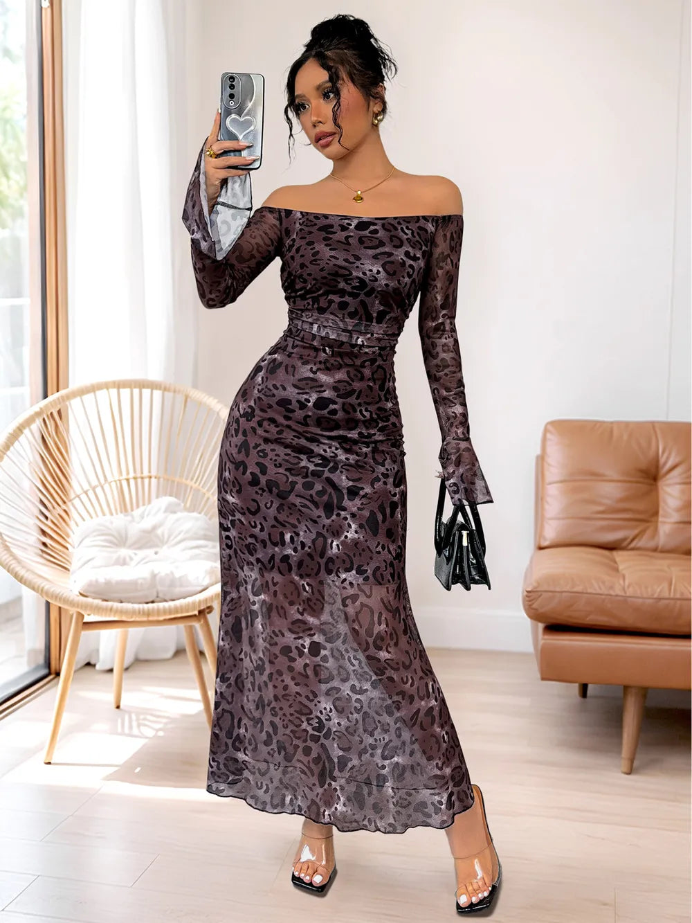 Olga™ Sukienka Maxi Off-Shoulder w Panterkę