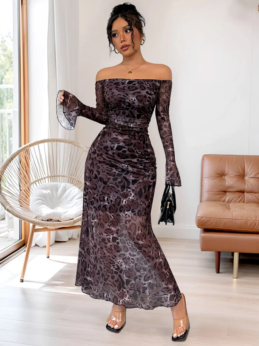 Olga™ Sukienka Maxi Off-Shoulder w Panterkę