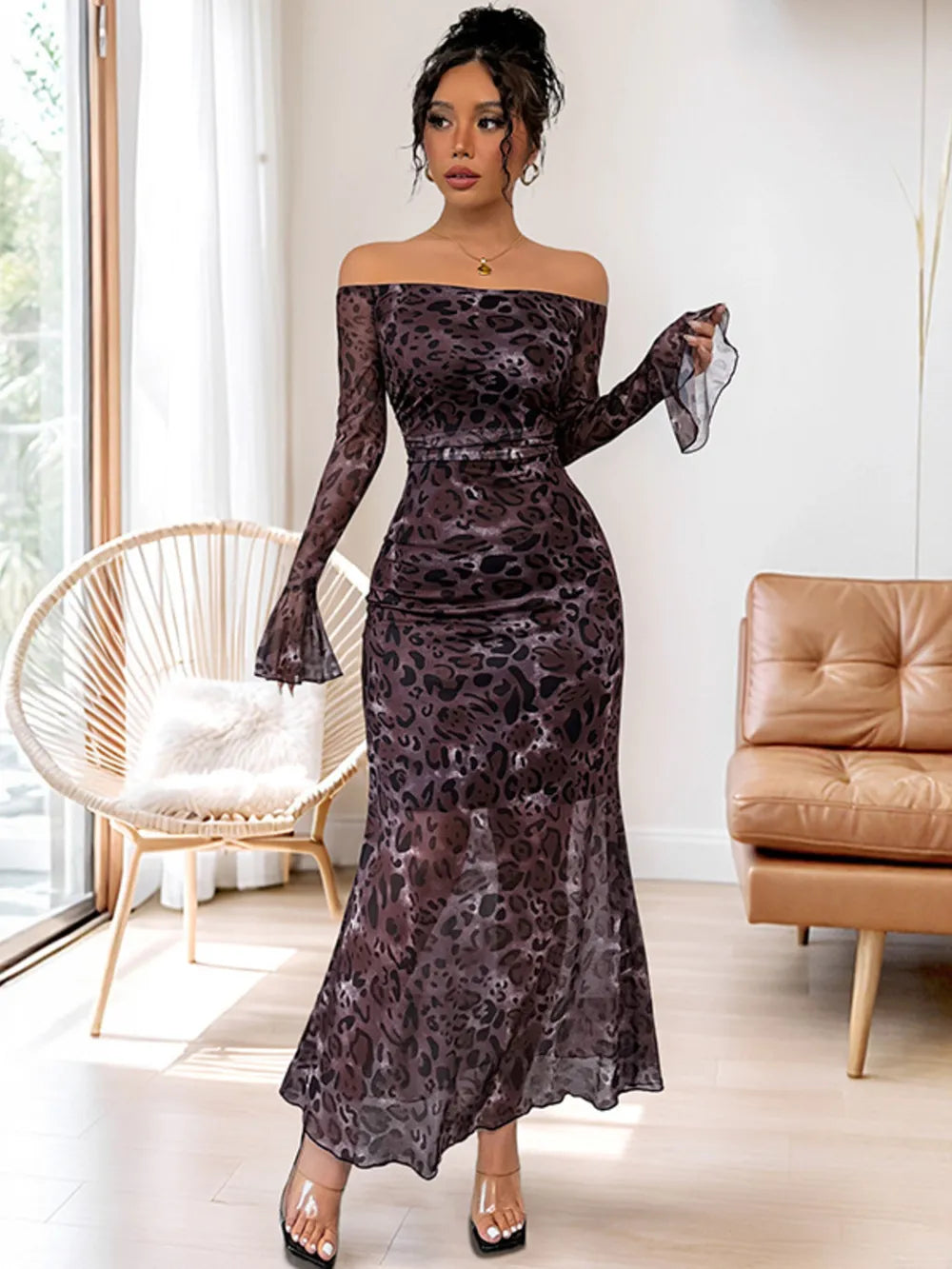 Olga™ Sukienka Maxi Off-Shoulder w Panterkę