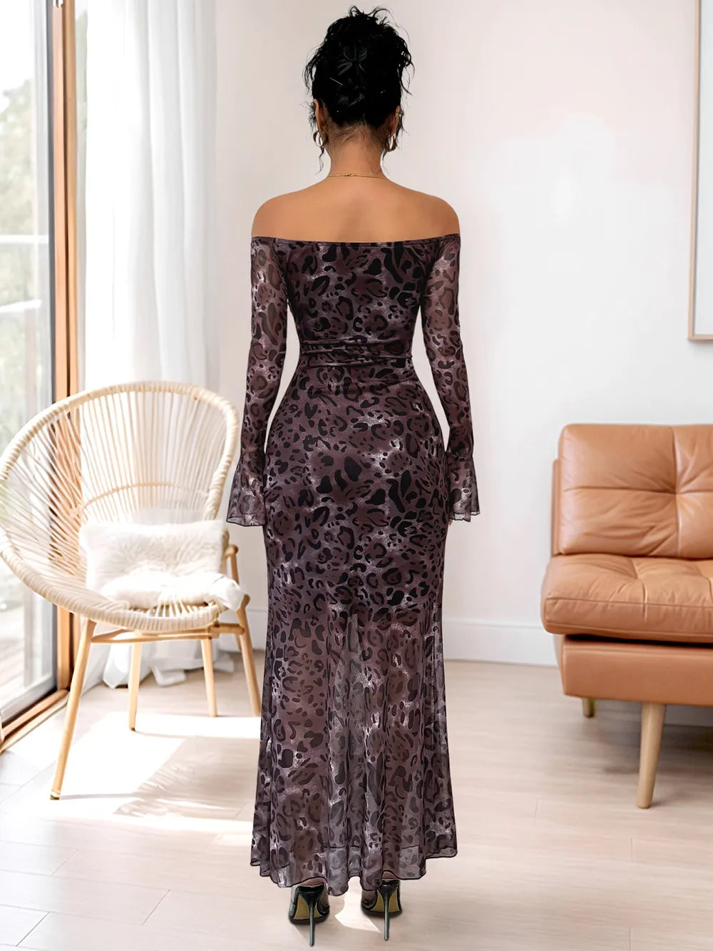 Olga™ Sukienka Maxi Off-Shoulder w Panterkę