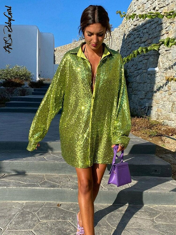 Glimara™ – Błyszcząca Koszula Oversize z Efektem Glam