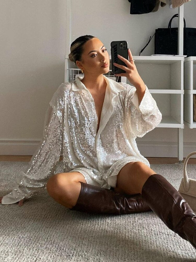 Glimara™ – Błyszcząca Koszula Oversize z Efektem Glam