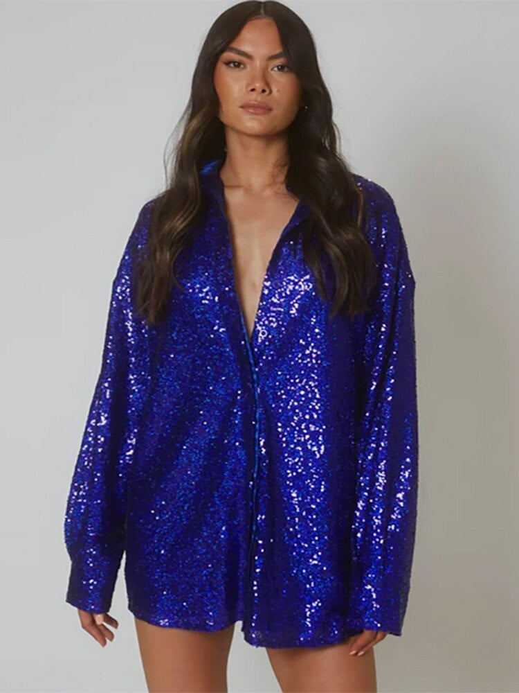 Glimara™ – Błyszcząca Koszula Oversize z Efektem Glam