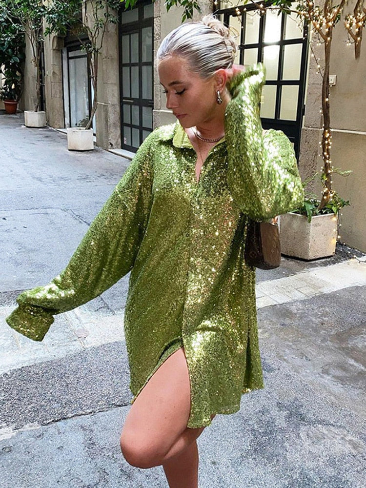 Glimara™ – Błyszcząca Koszula Oversize z Efektem Glam