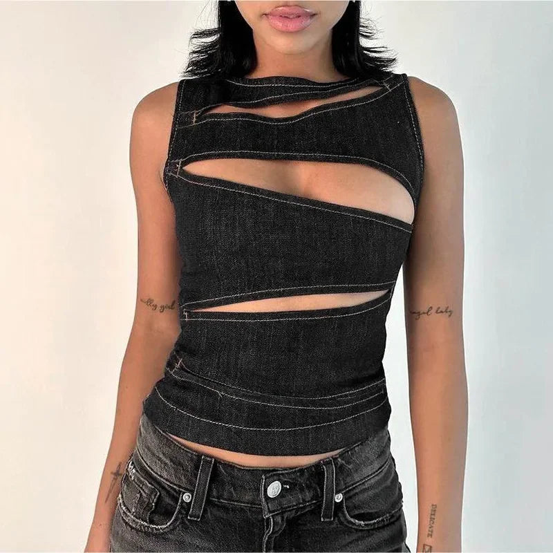 Raye - Bezowy top z denimu z wycięciami