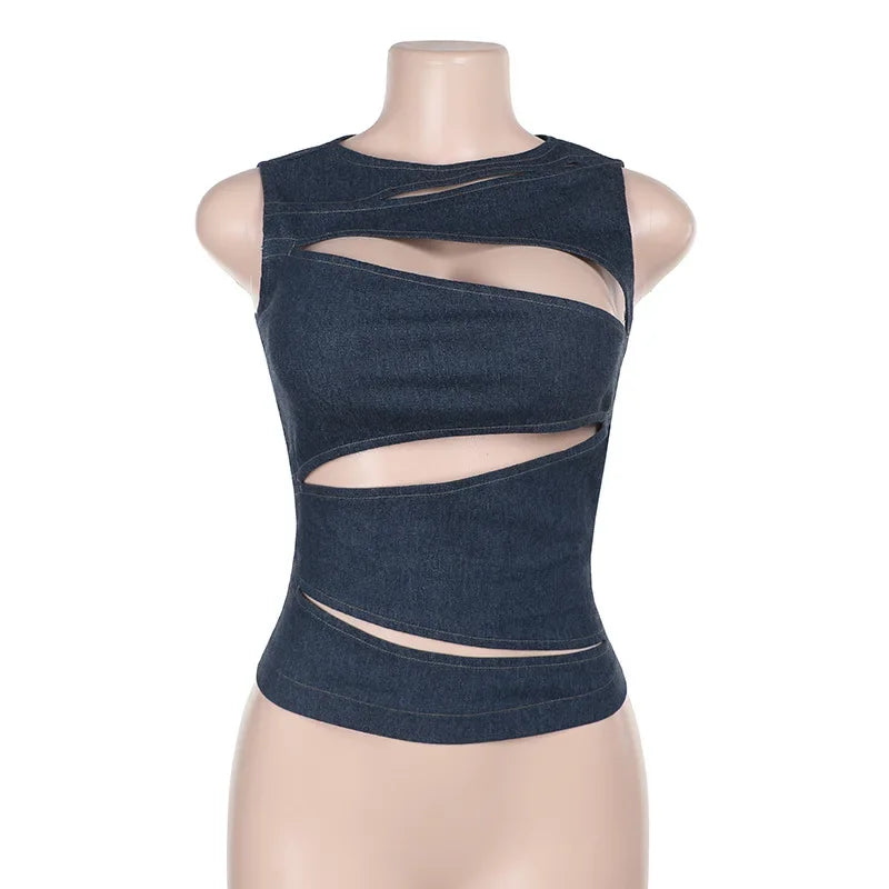 Raye - Bezowy top z denimu z wycięciami
