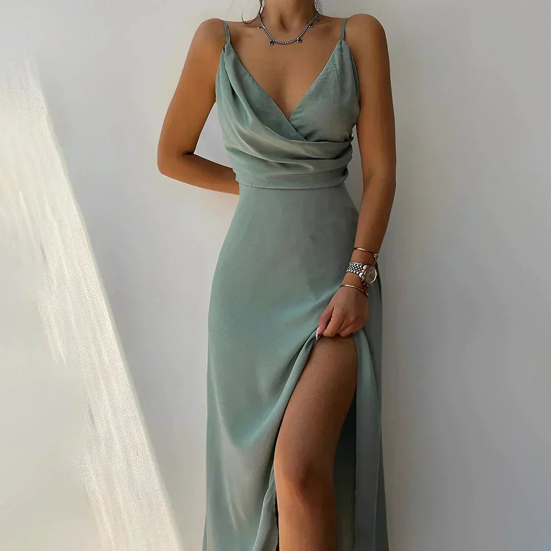 Celestina™ | Satynowa Sukienka Maxi z Dekoltem Wodospadowy