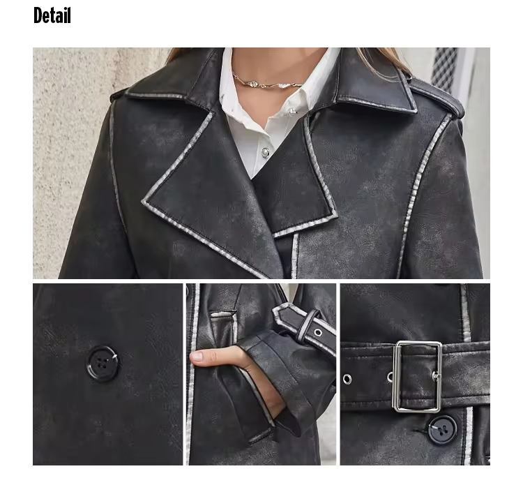 Ewa - Płaszcz typu trench wykonany z imitacji skóry