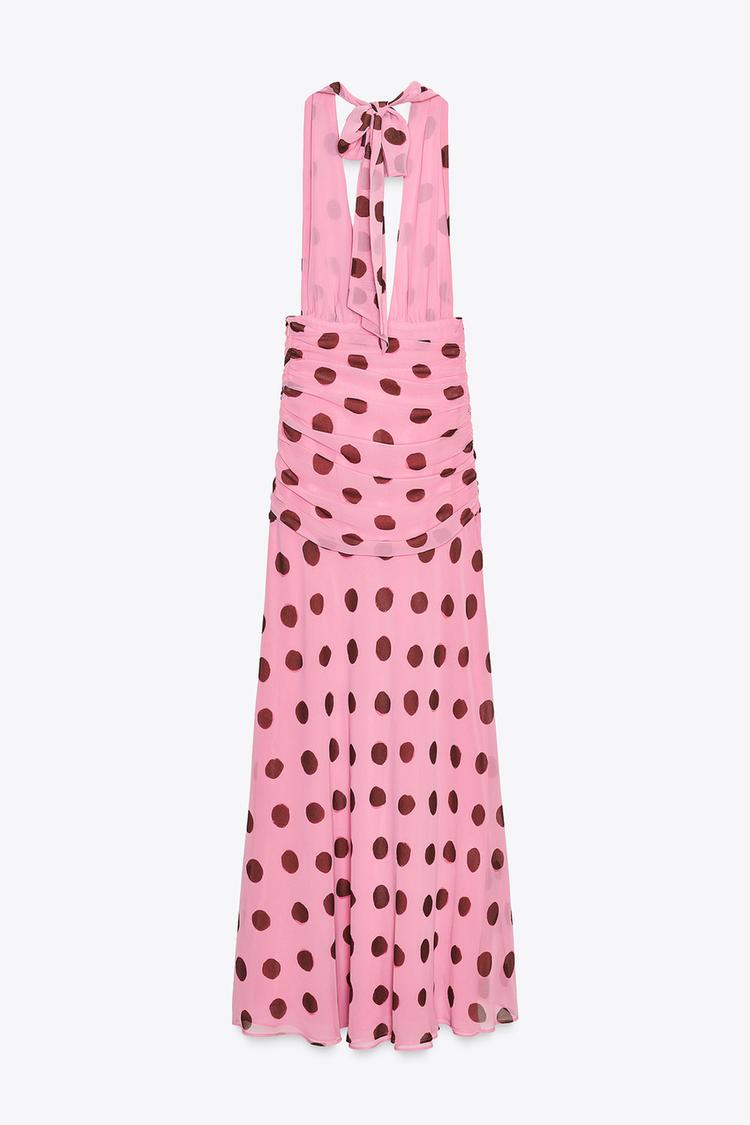Dolcé Sorella™ – Różowa Suknia Maxi w Grochy z Głębokim Dekoltem