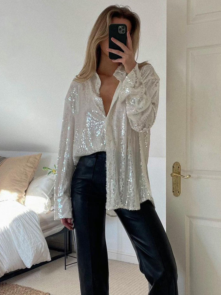 Glimara™ – Błyszcząca Koszula Oversize z Efektem Glam